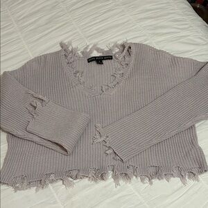 HYFVE V-Neck Frayed Hem Sweater in Lavender
